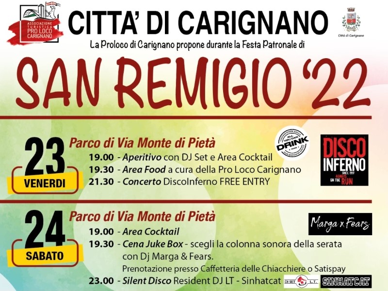 Carignano: gli eventi della Pro Loco per la festa di San Remigio 2022