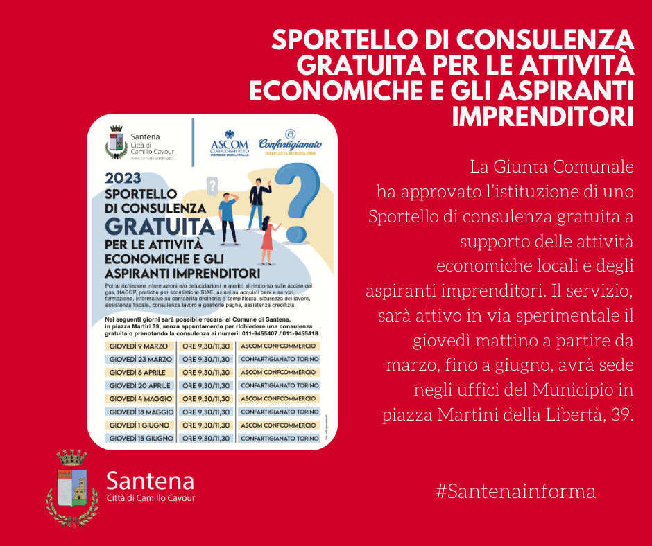 A Santena uno sportello gratuito per aiutare le attività economiche locali