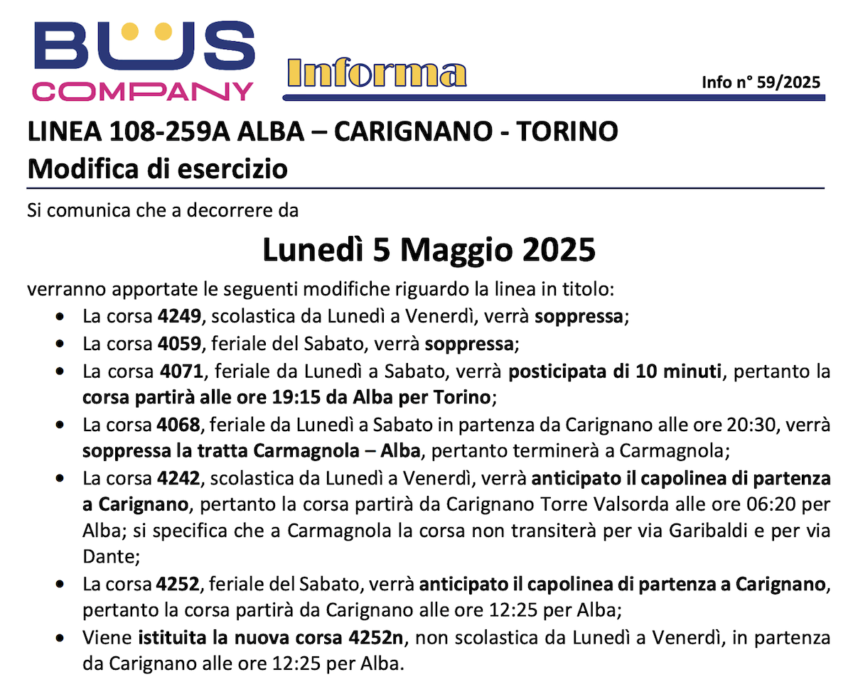 Le modifiche alla linea bus 259 Alba-Carmagnola-Carignano-Torino in vigore dal 5 maggio 2025
