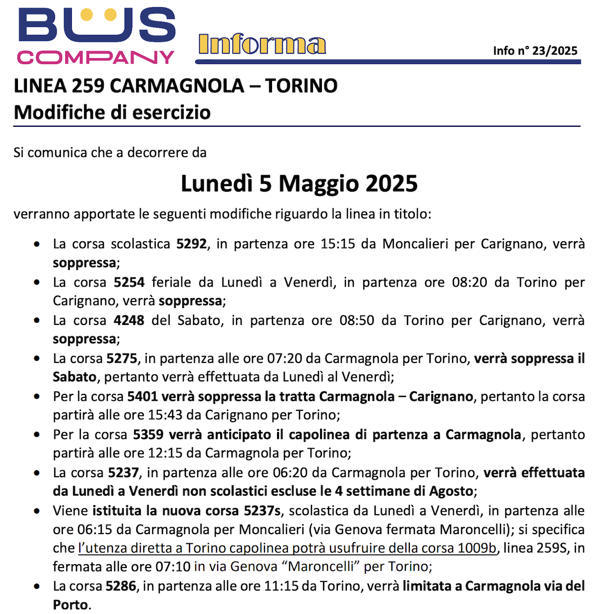 modifiche bus Carmagnola Torino