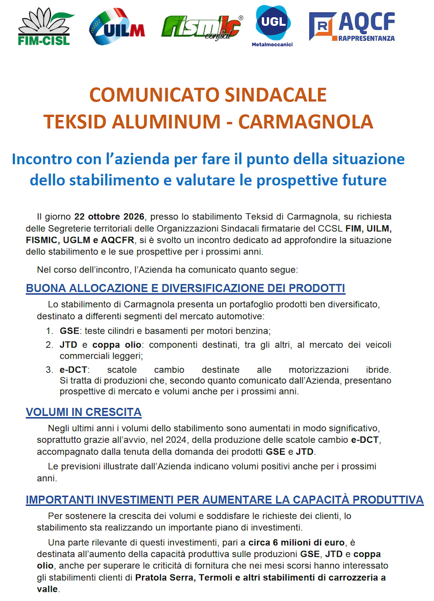 comunicato teksid carmagnola sindacati azienda